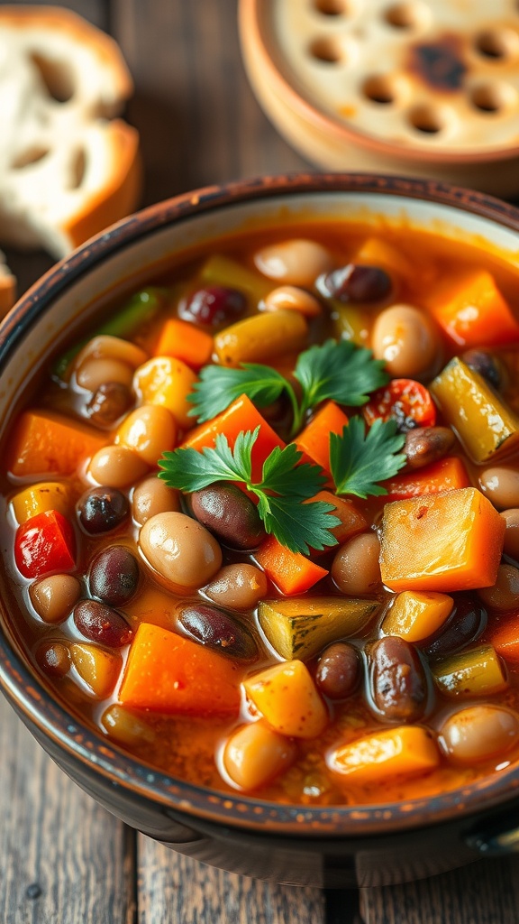 A hearty bowl of mixed bean vegetable stew with beans, carrots, zucchini, and bell peppers, garnished with parsley and served with bread.